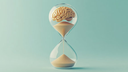 Minimalist hourglass with brain in top chamber and sand falling, illustrating time-restricted thinkingの素材