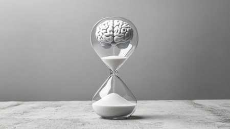 Hourglass with brain inside and sand pouring down, symbolizing mental focus within limited time, plain setupの素材
