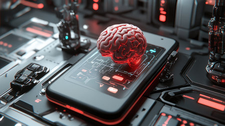 Mobile device with an exposed AI brain core, surrounded by robotic design elements, futuristic settingの素材