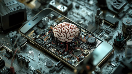 Mobile phone with AI brain center, surrounded by robotic parts, visualizing intelligent tech in digital devicesの素材