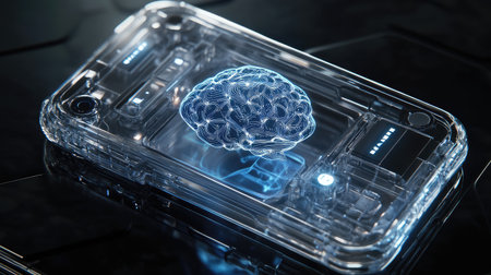 Robotic phone design with AI brain at center, transparent shell, concept of intelligent technologyの素材