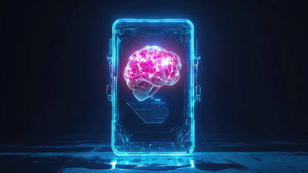 Smartphone with robotic frame and glowing AI brain at its core, showing artificial intelligenceの素材