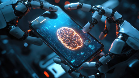 Phone with robotic arms and a glowing AI brain in the middle, futuristic tech conceptの素材