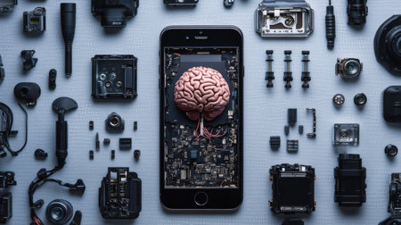 Phone with AI brain in middle, surrounded by robotic parts, advanced technology designの素材