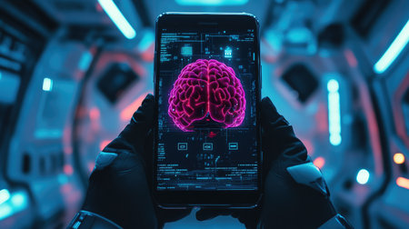 Robotic smartphone with a vibrant AI brain in the middle, symbolizing advanced machine learning capabilitiesの素材