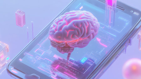 Mobile device with AI brain and robotic features, concept of intelligent tech with a digital focusの素材