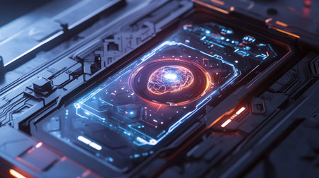 Robotic mobile phone with AI brain pulsating at its center, holographic details aroundの素材