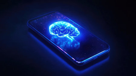 Smartphone with robotic frame and glowing AI brain at its core, showing artificial intelligenceの素材