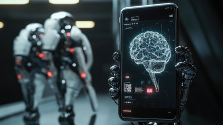 Smartphone with robotic arms, AI brain at core, 3D render symbolizing advanced digital intelligenceの素材