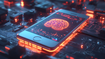 Render of phone with AI brain and robotic elements, glowing circuits symbolizing intelligenceの素材