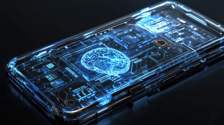 Sleek robotic mobile phone, AI brain at its core, intricate circuit design symbolizing artificial intelligenceの素材