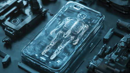 Smartphone with transparent body and visible AI brain, robotic parts around, futuristic lookの素材