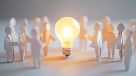 A captivating image representing a group of paper cutout figures discussing around a glowing light bulb, illustrating themes of innovation, creativity, and collaboration in a visually compelling way.の素材