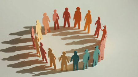 Vivid paper cutouts create a circular formation, symbolizing unity and togetherness, with intriguing shadows against a light backdrop, ideal for creative projects.の素材