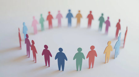 This image features colorful paper cutouts of people arranged in a circle, symbolizing community, connection, and unity in a creative way that conveys harmony and collaboration.の素材