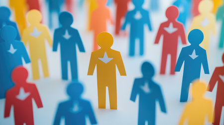 A vibrant arrangement of colorful paper figures representing diversity and individuality within a community, suitable for themes of teamwork, social connection, and creative projects.の素材