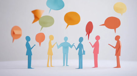 Vibrant paper cutouts representing diverse individuals engaging in lively conversation, surrounded by colorful speech bubbles, symbolizing the essence of communication and creative interaction.の素材