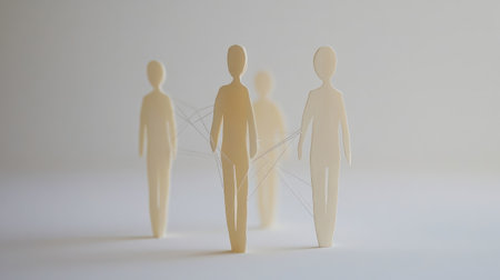 This image symbolizes human connections through minimalistic figures linked by lines, representing relationships, unity, and social interaction in an abstract way.の素材