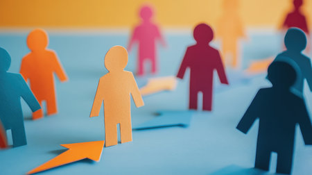 Colorful paper cutouts in various shapes and sizes are arranged on a blue background, symbolizing teamwork, diversity, and direction in a vibrant and creative environment.の素材