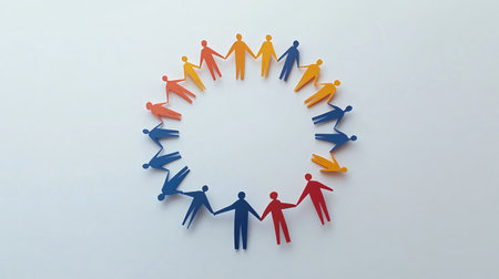 Colorful cutouts of people holding hands in a circle symbolize unity, cooperation, and community spirit, perfect for representing togetherness and inclusivity in a playful way.の素材