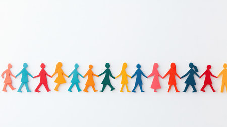 This vibrant image features colorful paper cutout figures holding hands, showcasing themes of unity, diversity, and social connection in a simple yet impactful design.の素材
