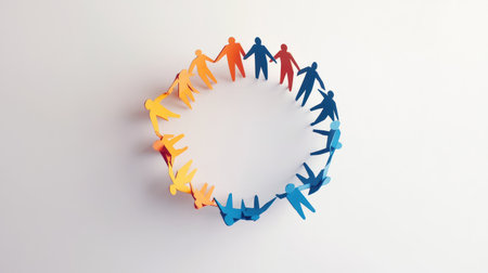 A vibrant display of colorful paper figures joining hands in a circle. This artwork represents unity, diversity, and collaboration, perfect for themes of community and social harmony.の素材