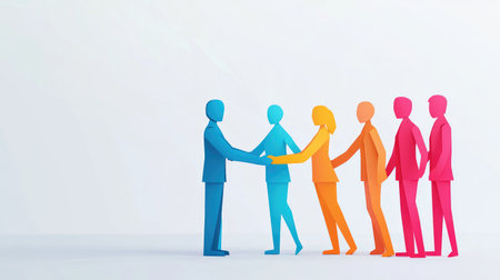 Colorful silhouettes illustrate a handshake and teamwork, symbolizing collaboration and unity in professional relationships and communication among diverse individuals.の素材