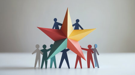 A vibrant arrangement of paper figures working together to support a star-shaped design, symbolizing community spirit, teamwork, and creativity in a unique artistic representation.の素材