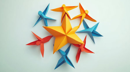 An abstract arrangement of brightly colored paper figures surrounding a large star, perfect for themes of creativity, celebration, and artistic expression in graphic projects.の素材