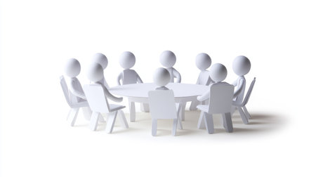 Abstract 3D characters assemble around a round table, symbolizing teamwork and collaboration in a minimalist setting perfect for business and planning concepts.の素材
