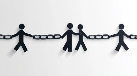 This abstract illustration depicts stylized human figures linked by a chain, representing themes of unity, community, and collaboration in a contemporary style.の素材