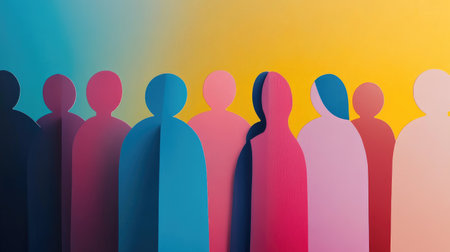 A vibrant collection of colorful cutout figures stands against a striking gradient background, symbolizing diversity and community engagement in a modern artistic style.の素材