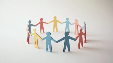 This image showcases colorful paper cutouts of people holding hands in a circle, symbolizing unity, diversity, and collaboration in a creative and artistic way.の素材