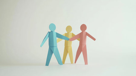 Colorful paper figures connect in a display of unity and friendship, representing collaboration and diversity in a minimalist design against a soft background.の素材