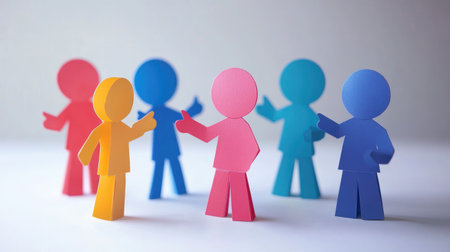 A vibrant scene featuring colorful paper figures in various poses, symbolizing communication, teamwork, and social interaction in an imaginative and artistic way.の素材