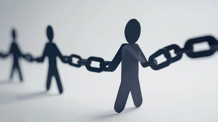 This creative illustration features paper cutout figures linked by chains, symbolizing unity and the complexities of collaboration in today's world.の素材
