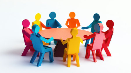 This vibrant image features colorful paper cutout figures gathered around a round table, symbolizing teamwork, collaboration, and discussion in a creative and engaging visual style.の素材