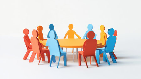 A vibrant scene featuring colorful cardboard cutouts of people gathered around a round table, symbolizing collaboration and teamwork in a creative environment.の素材