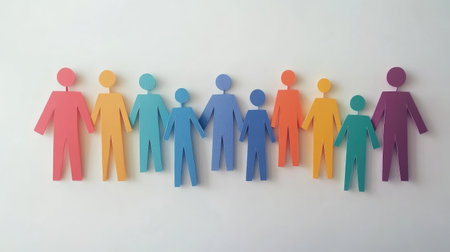 This image features colorful paper cutouts of diverse human figures, symbolizing unity and collaboration against a plain background, perfect for creative projects.の素材