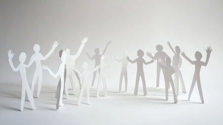 This image captures whimsical paper cutout figures celebrating in a lively expression of unity and teamwork, creating an atmosphere of joy and creative spirit.の素材