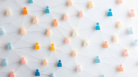 This vibrant image features colorful wooden figures connected by lines, symbolizing social networking, teamwork, and collaboration in a visually striking way.の素材