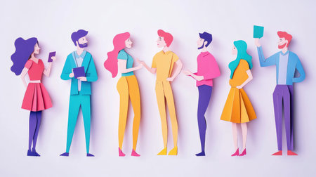 This vibrant paper cutout illustration depicts a diverse group of people engaged in conversation, representing creativity and social interaction in a modern artistic style.の素材