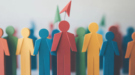 Colorful wooden figures symbolize teamwork and leadership, showcasing arrows that represent direction and growth in business settings. Perfect for creative projects.の素材