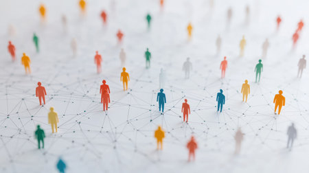 Vibrant transparent figures arranged in a network symbolize community connections and digital interactions, showcasing the essence of modern social and business collaboration.の素材