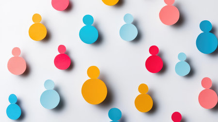 This vibrant and playful arrangement of colorful circles on a white background symbolizes diversity and creativity, perfect for modern design projects and educational materials.の素材