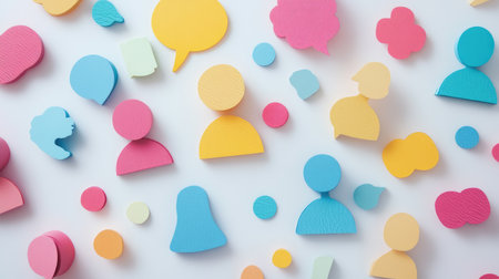 Vibrant paper cutouts of people and speech bubbles on a light background symbolize communication, connection, and creativity in social settings or marketing concepts.の素材