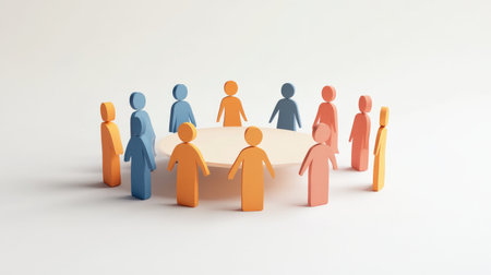Vibrant paper figures gather in a circle around a table, symbolizing teamwork and collaboration. Ideal for business, community, and communication themes in modern design.の素材
