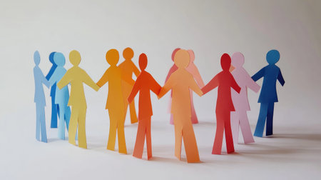 Colorful paper cutouts of diverse people holding hands in a circle create a vibrant visual representation of unity, friendship, and collaboration in an uplifting atmosphere.の素材