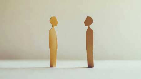 Two minimalist wooden figures stand facing each other, symbolizing communication and connection, representing the essence of relationships and social interaction in a simple yet profound way.の素材