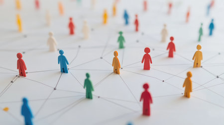 Colorful figurines arranged in a network on a white background symbolize social connections and interactions, representing diverse communities and collaborative relationships.の素材